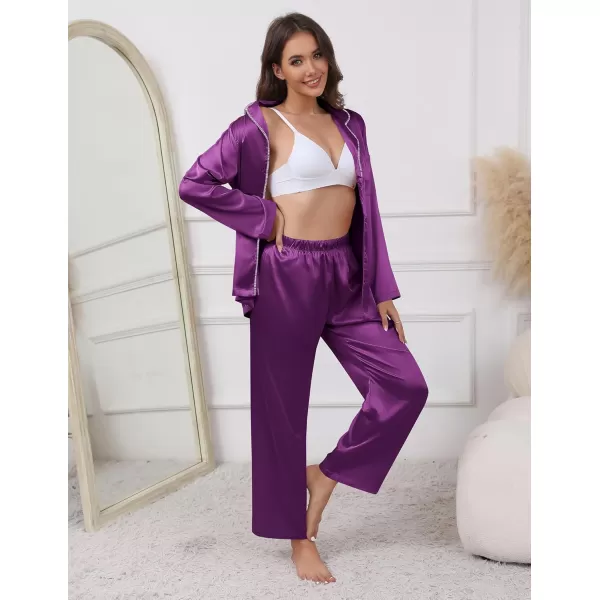 imageEkouaer Pajamas For Women Set Silk Pjs 2 Piece Satin Sleepwear Long Sleeve Button Down Lounge Sets With PantPurple