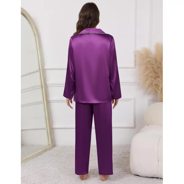 imageEkouaer Pajamas For Women Set Silk Pjs 2 Piece Satin Sleepwear Long Sleeve Button Down Lounge Sets With PantPurple