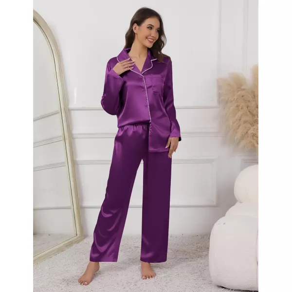 imageEkouaer Pajamas For Women Set Silk Pjs 2 Piece Satin Sleepwear Long Sleeve Button Down Lounge Sets With PantPurple