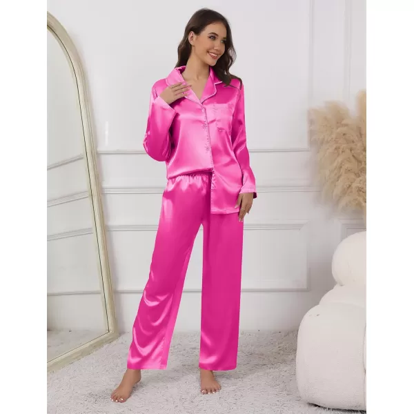 imageEkouaer Pajamas For Women Set Silk Pjs 2 Piece Satin Sleepwear Long Sleeve Button Down Lounge Sets With PantRose Red