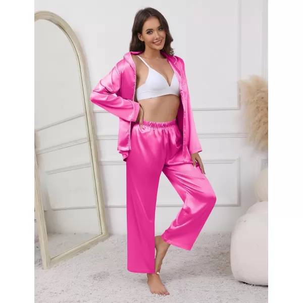 imageEkouaer Pajamas For Women Set Silk Pjs 2 Piece Satin Sleepwear Long Sleeve Button Down Lounge Sets With PantRose Red