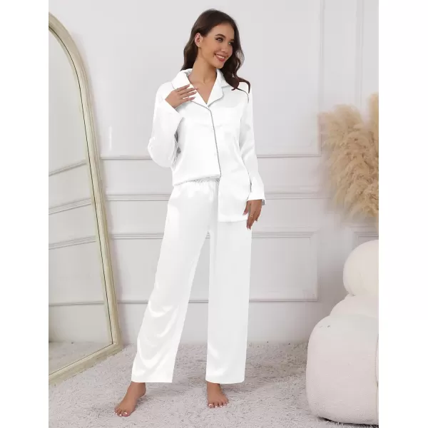 imageEkouaer Pajamas For Women Set Silk Pjs 2 Piece Satin Sleepwear Long Sleeve Button Down Lounge Sets With PantWhite