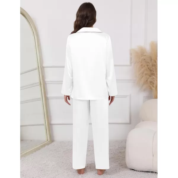 imageEkouaer Pajamas For Women Set Silk Pjs 2 Piece Satin Sleepwear Long Sleeve Button Down Lounge Sets With PantWhite
