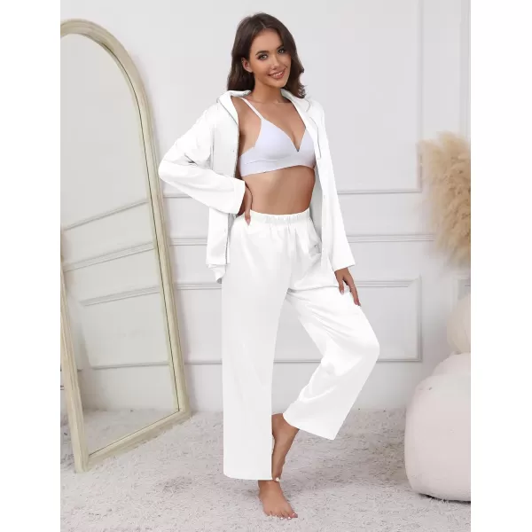 imageEkouaer Pajamas For Women Set Silk Pjs 2 Piece Satin Sleepwear Long Sleeve Button Down Lounge Sets With PantWhite