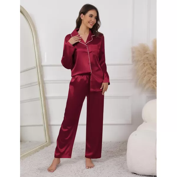 imageEkouaer Pajamas For Women Set Silk Pjs 2 Piece Satin Sleepwear Long Sleeve Button Down Lounge Sets With PantWine Red