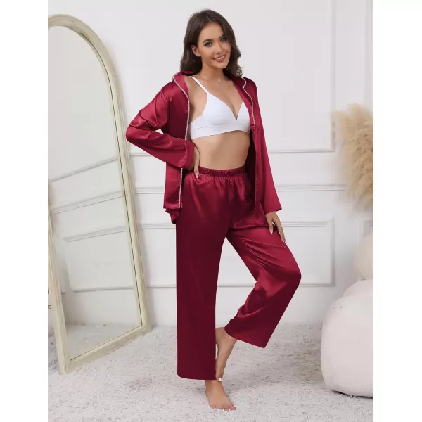 imageEkouaer Pajamas For Women Set Silk Pjs 2 Piece Satin Sleepwear Long Sleeve Button Down Lounge Sets With PantWine Red