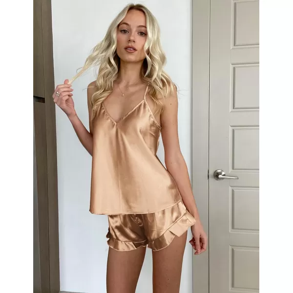 imageEkouaer Satin Pajama Set for Women Silk Pjs for Women Set Camisole Top and Shorts with Ruffle SleepwearBeige