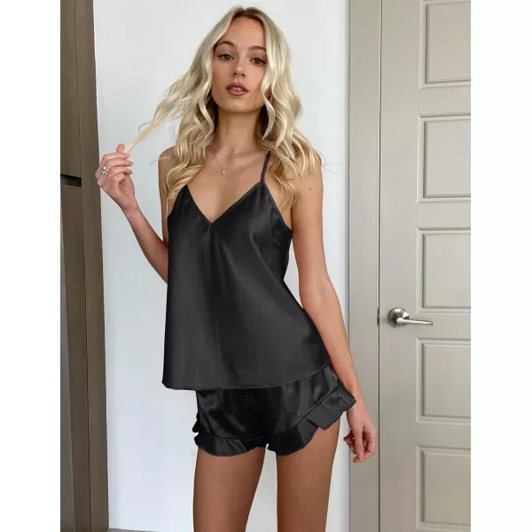 imageEkouaer Satin Pajama Set for Women Silk Pjs for Women Set Camisole Top and Shorts with Ruffle SleepwearBlack