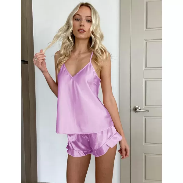 imageEkouaer Satin Pajama Set for Women Silk Pjs for Women Set Camisole Top and Shorts with Ruffle SleepwearLavender