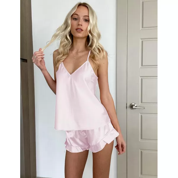 imageEkouaer Satin Pajama Set for Women Silk Pjs for Women Set Camisole Top and Shorts with Ruffle SleepwearPink