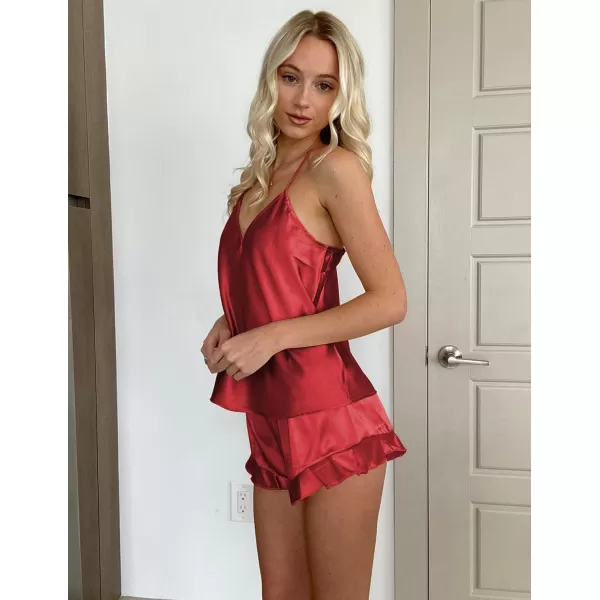 imageEkouaer Satin Pajama Set for Women Silk Pjs for Women Set Camisole Top and Shorts with Ruffle SleepwearRed