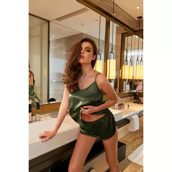 imageEkouaer Silk Pjs for Women Satin Pajamas Set Lingerie Camisole Pajamas Cami Shorts Set NightwearArmy Green