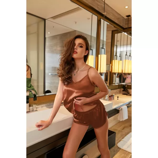 imageEkouaer Silk Pjs for Women Satin Pajamas Set Lingerie Camisole Pajamas Cami Shorts Set NightwearBrown