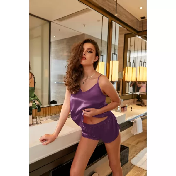imageEkouaer Silk Pjs for Women Satin Pajamas Set Lingerie Camisole Pajamas Cami Shorts Set NightwearPurple