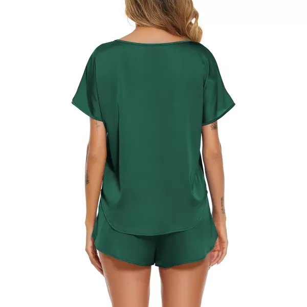 imageEkouaer Women Satin Pajama Set Short Sleeve Lightweight Silk Pajama Set 2 Piece Lounge Sets with ShortsDark Green