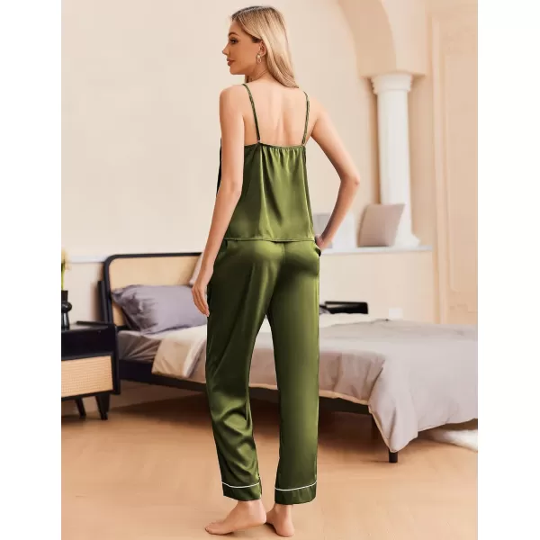 imageEkouaer Women Silk Satin Pajamas Sleeveless Pjs Set 2 Piece Summer Loungewear Sleepwear with Pockets SXXLArmy Green