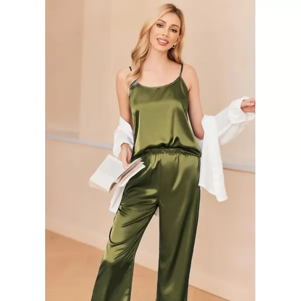 imageEkouaer Women Silk Satin Pajamas Sleeveless Pjs Set 2 Piece Summer Loungewear Sleepwear with Pockets SXXLArmy Green