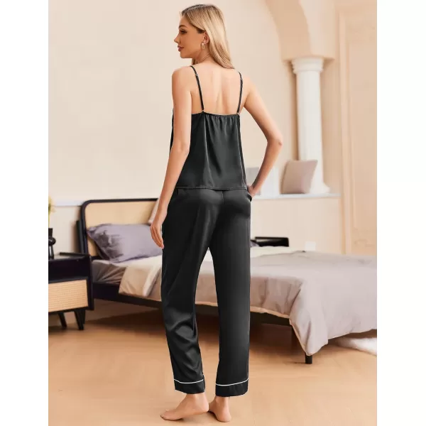 imageEkouaer Women Silk Satin Pajamas Sleeveless Pjs Set 2 Piece Summer Loungewear Sleepwear with Pockets SXXLBlack