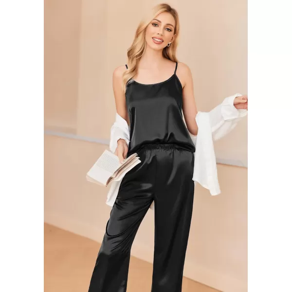 imageEkouaer Women Silk Satin Pajamas Sleeveless Pjs Set 2 Piece Summer Loungewear Sleepwear with Pockets SXXLBlack