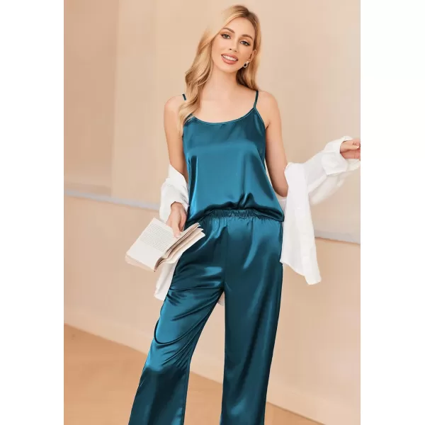 imageEkouaer Women Silk Satin Pajamas Sleeveless Pjs Set 2 Piece Summer Loungewear Sleepwear with Pockets SXXLBlue Green