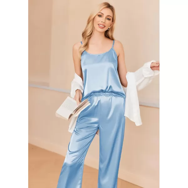 imageEkouaer Women Silk Satin Pajamas Sleeveless Pjs Set 2 Piece Summer Loungewear Sleepwear with Pockets SXXLClear Blue