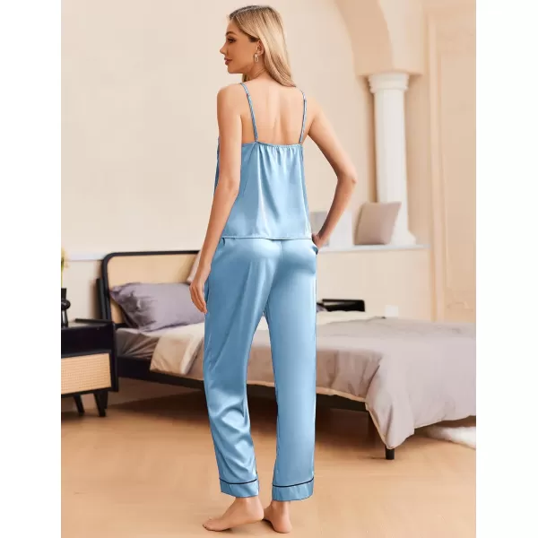 imageEkouaer Women Silk Satin Pajamas Sleeveless Pjs Set 2 Piece Summer Loungewear Sleepwear with Pockets SXXLClear Blue