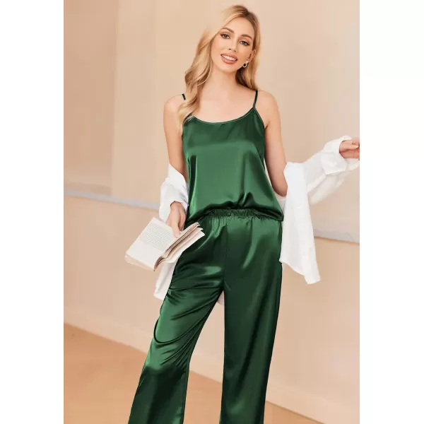 imageEkouaer Women Silk Satin Pajamas Sleeveless Pjs Set 2 Piece Summer Loungewear Sleepwear with Pockets SXXLDark Green