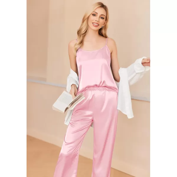 imageEkouaer Women Silk Satin Pajamas Sleeveless Pjs Set 2 Piece Summer Loungewear Sleepwear with Pockets SXXLLight Pink