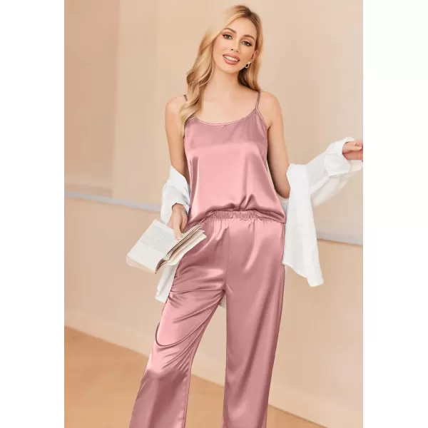 imageEkouaer Women Silk Satin Pajamas Sleeveless Pjs Set 2 Piece Summer Loungewear Sleepwear with Pockets SXXLRose Gold