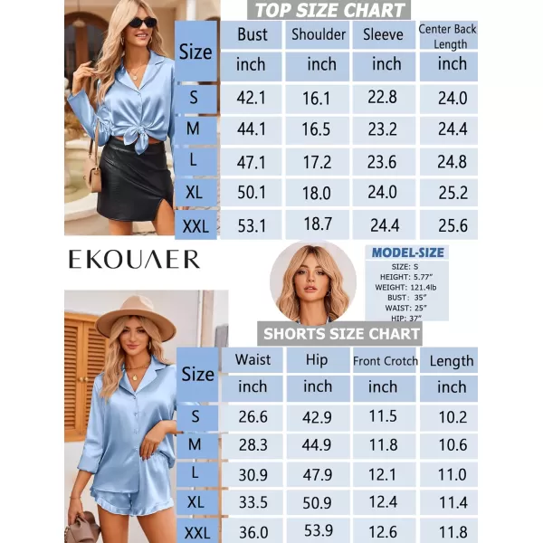 imageEkouaer Womens Satin Pajama Sets Long Sleeve Top and Shorts Lounge Set Button Down SleepwearLake Blue