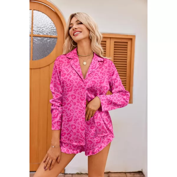 imageEkouaer Womens Satin Pajama Sets Long Sleeve Top and Shorts Lounge Set Button Down SleepwearLeopard Hot Pink