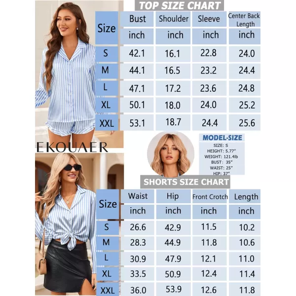 imageEkouaer Womens Satin Pajama Sets Long Sleeve Top and Shorts Lounge Set Button Down SleepwearStriped Blue