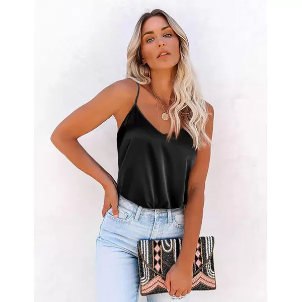 imageEkouaer Womens Silk Satin Tank Tops V Neck Camisole Spaghetti Strap Top Summer Basic BlouseBlack