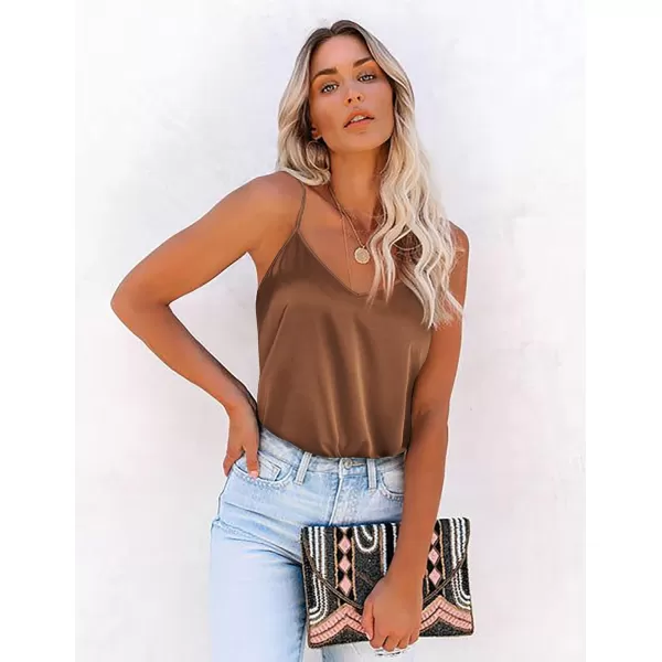 imageEkouaer Womens Silk Satin Tank Tops V Neck Camisole Spaghetti Strap Top Summer Basic BlouseCoffe