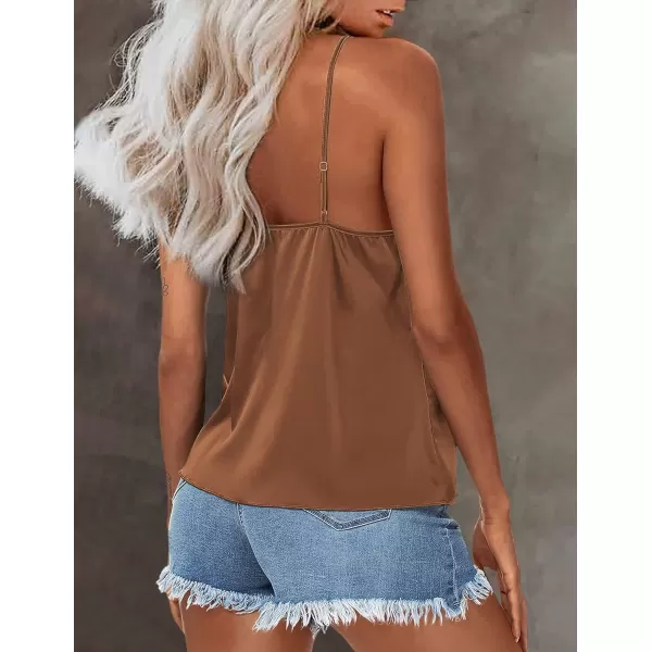 imageEkouaer Womens Silk Satin Tank Tops V Neck Camisole Spaghetti Strap Top Summer Basic BlouseCoffe