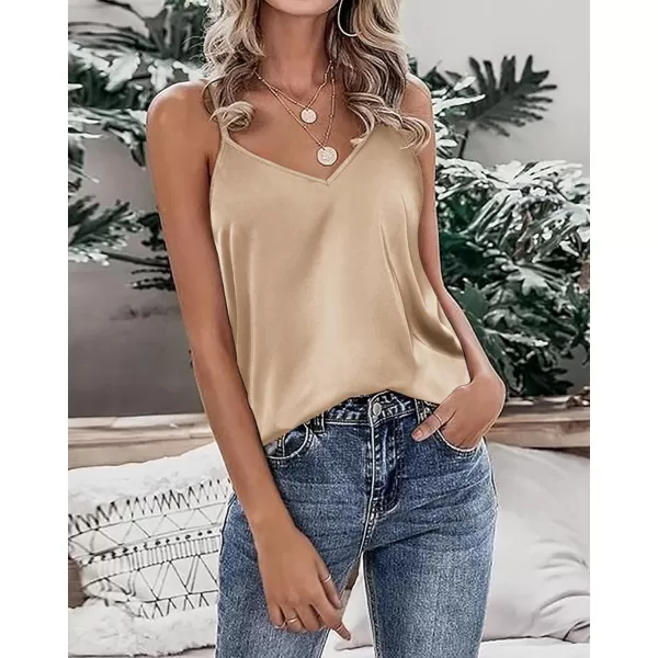 imageEkouaer Womens Silk Satin Tank Tops V Neck Camisole Spaghetti Strap Top Summer Basic BlouseLight Khaki