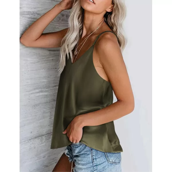 imageEkouaer Womens Silk Satin Tank Tops V Neck Camisole Spaghetti Strap Top Summer Basic BlouseOlive Green