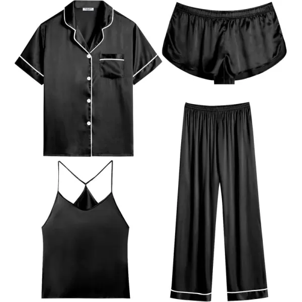 imageEkouaer 4PCs Womens Satin Silky Pajama Set Button Down Top and Long Pants Loungewear Camisole Top and Shorts SleepwearBlack