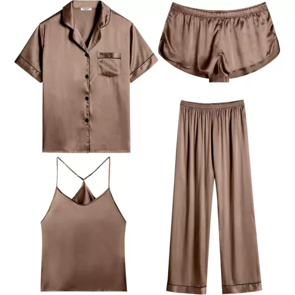 imageEkouaer 4PCs Womens Satin Silky Pajama Set Button Down Top and Long Pants Loungewear Camisole Top and Shorts SleepwearBrown