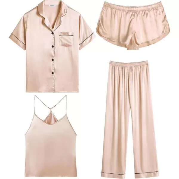 imageEkouaer 4PCs Womens Satin Silky Pajama Set Button Down Top and Long Pants Loungewear Camisole Top and Shorts SleepwearChampagne