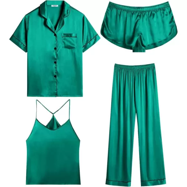 imageEkouaer 4PCs Womens Satin Silky Pajama Set Button Down Top and Long Pants Loungewear Camisole Top and Shorts SleepwearGreen