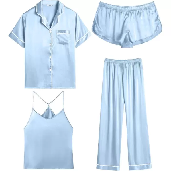 imageEkouaer 4PCs Womens Satin Silky Pajama Set Button Down Top and Long Pants Loungewear Camisole Top and Shorts SleepwearLight Blue