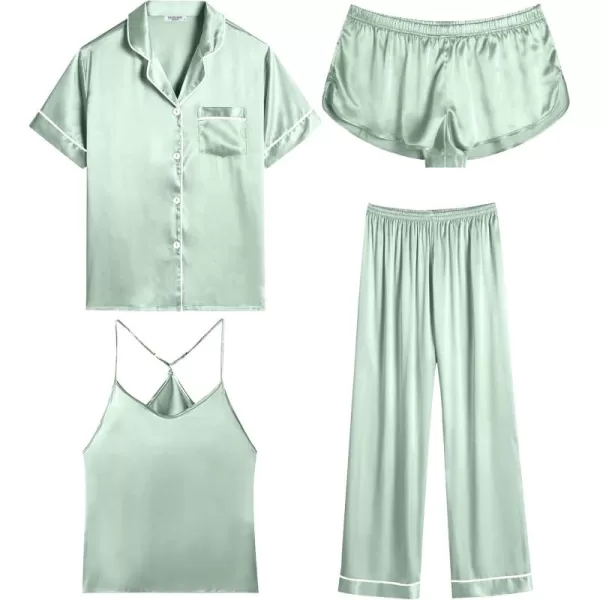 imageEkouaer 4PCs Womens Satin Silky Pajama Set Button Down Top and Long Pants Loungewear Camisole Top and Shorts SleepwearLight Green