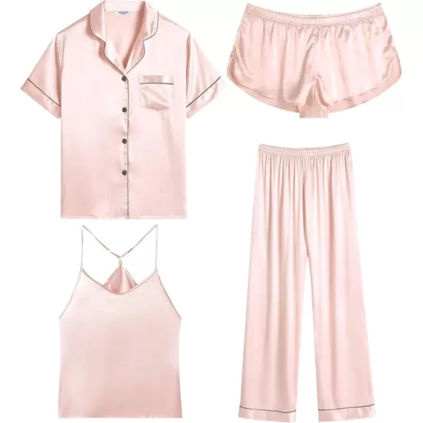 imageEkouaer 4PCs Womens Satin Silky Pajama Set Button Down Top and Long Pants Loungewear Camisole Top and Shorts SleepwearLight Pink