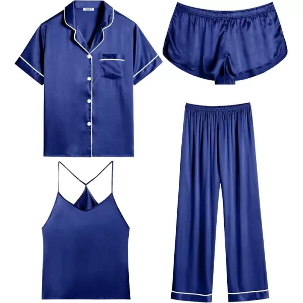 imageEkouaer 4PCs Womens Satin Silky Pajama Set Button Down Top and Long Pants Loungewear Camisole Top and Shorts SleepwearNavy Blue