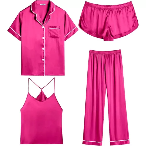 imageEkouaer 4PCs Womens Satin Silky Pajama Set Button Down Top and Long Pants Loungewear Camisole Top and Shorts SleepwearRose Red