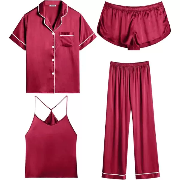 imageEkouaer 4PCs Womens Satin Silky Pajama Set Button Down Top and Long Pants Loungewear Camisole Top and Shorts SleepwearWine Red