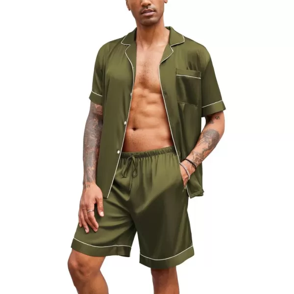 imageEkouaer Mens Satin Pajamas Set ButtonDown Short Sleeve Shirt Top Soft Silk Sleepwear Loose Pocket Pant LoungewearArmy Green