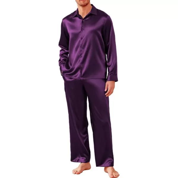 imageEkouaer Mens Silk Pajama Set Long Sleeve Button Down Shirts Pjs Pants Set Satin Sleepwear Loungewear Set with PocketsPurple