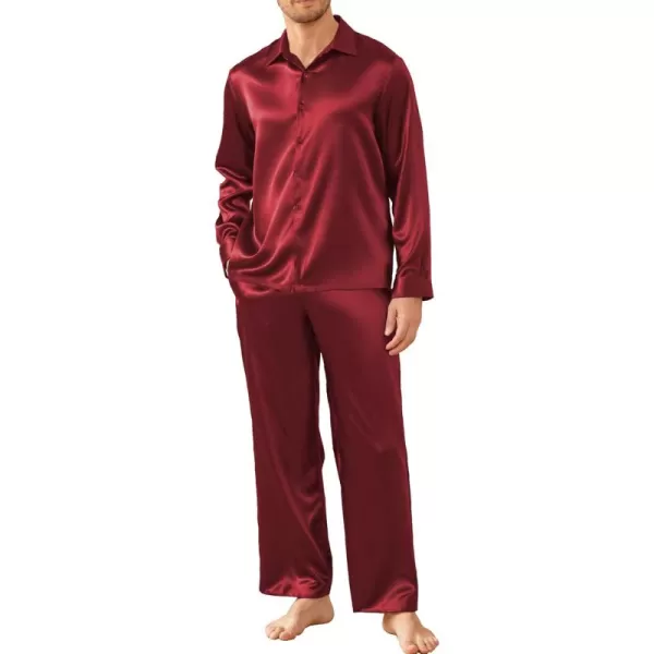 imageEkouaer Mens Silk Pajama Set Long Sleeve Button Down Shirts Pjs Pants Set Satin Sleepwear Loungewear Set with PocketsWine Red